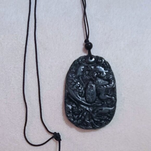 Dragon & Phoenix Black Jade Pendant - Picture 2 of 5